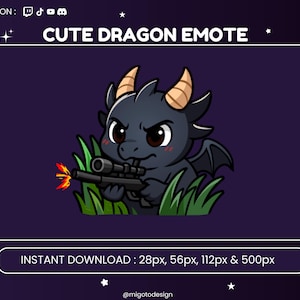 Emote animé Sniper Dragon pour le streaming sur Twitch, Kick et Discord | Émoticônes Twitch, émoticônes mignonnes, émoticônes chibbi, émoticônes mèmes, lot d'émoticônes