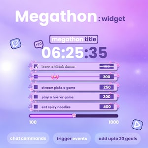 May include: A purple and white graphic with the text "Megathon: widget" and a timer showing 06:25:35. The graphic includes a progress bar and several goals, such as "learn a tiktok dance" and "eat spicy noodles."