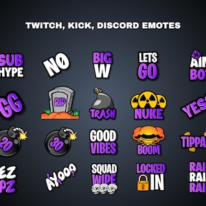 May include: A collection of colorful Twitch, Kick, and Discord emotes on a dark background. The emotes feature various phrases and symbols, including "SUB HYPE," "GG," "BOOM," and "RAID." The text is in white and purple.