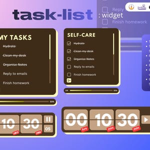 May include: A digital interface displaying a "task-list" with two task lists, a timer, and a stopwatch. The lists include options such as "Hydrate" and "Finish homework." The interface has a brown and purple colour scheme.