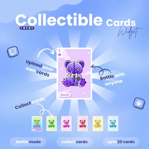 Puede incluir: Imagen promocional de cartas coleccionables, con una carta de oso de peluche morado llamada "Mochi". La imagen fomenta la colección de cartas, las batallas y la carga de cartas personalizadas. Se muestran cartas adicionales en varios colores.