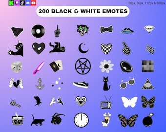 May include: A collection of 200 black and white emotes, including a vinyl record, a cat, a heart, a moon, a flower, a shoe, sunglasses, a butterfly, and a clock. The background is a gradient of purple and blue.