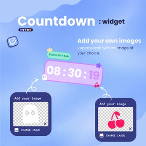 May include: A digital graphic with the text "Countdown: widget" and a timer displaying "08:30:19." The image includes placeholders for custom images, with examples of a ghost and cherries. The text "Starts 30th Feb" is also present.