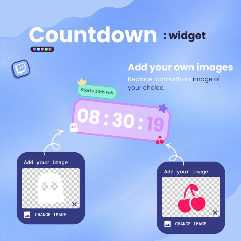 May include: A digital graphic with the text "Countdown: widget" and a timer displaying "08:30:19." The image includes placeholders for custom images, with examples of a ghost and cherries. The text "Starts 30th Feb" is also present.