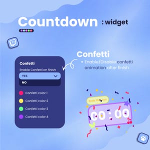 May include: A digital countdown widget with a purple and white display showing "00:00". The image includes options to enable confetti animation after the countdown finishes. The text "Countdown: widget" is at the top.