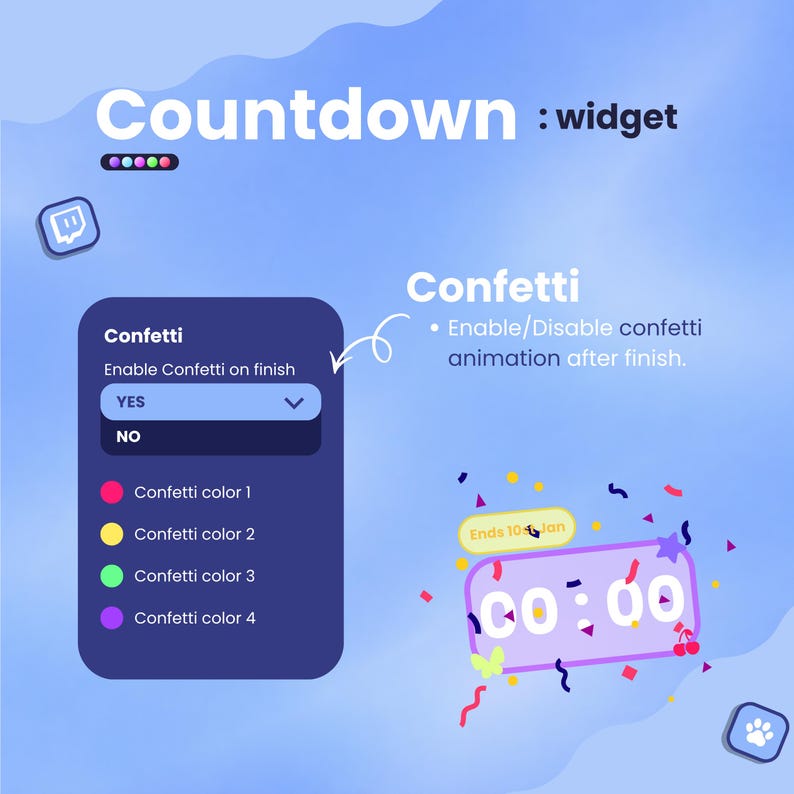 May include: A digital countdown widget with a purple and white display showing "00:00". The image includes options to enable confetti animation after the countdown finishes. The text "Countdown: widget" is at the top.