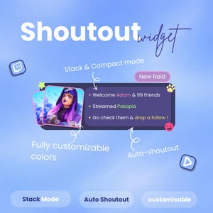 Könnte beinhalten: Ein digitales Shoutout-Widget-Interface mit einem dunkelvioletten rechteckigen Kasten mit abgerundeten Ecken. Es zeigt einen Charakter-Avatar sowie Text, darunter Welcome Adam & 99 friends, Streamed Pokopia und Go check them & drop a follow.