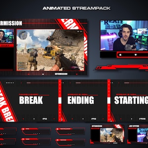 Pacote de sobreposição de fluxo animado vermelho mínimo | Sobreposições de Twitch, sobreposições de streaming, painéis de fluxo, Streampack, pacote de fluxo, sobreposição de webcam