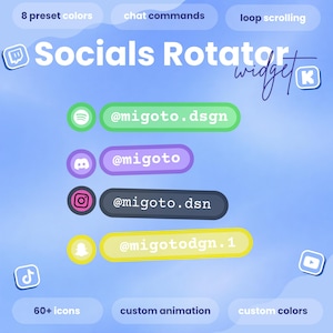 May include: A digital Socials Rotator widget graphic featuring four horizontal bars with social media handles: @migoto.dsgn in green, @migoto in purple, @migoto.dsn in dark gray, and @migotodgn.1 in yellow, set against a light blue background with text.