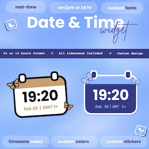 May include: A digital date and time widget display featuring two rectangular icons on a blue background. The left icon is tan and white with butterfly accents, while the right icon is dark blue with bow accents. Both display 19:20, feb 30, GMT 1+.
