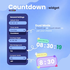 May include: A digital countdown widget interface with a blue background. The interface displays settings for time, timer mode, and background options. The widget shows a countdown timer with the text "Starts 30th Feb" and "Ends 10st Jan".
