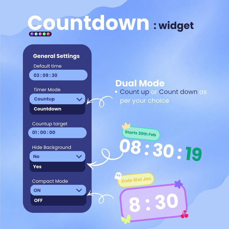 May include: A digital countdown widget interface with a blue background. The interface displays settings for time, timer mode, and background options. The widget shows a countdown timer with the text "Starts 30th Feb" and "Ends 10st Jan".