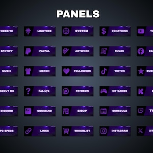 May include: A collection of purple and black panels with white text and icons. The panels include options for website, social media, and streaming platforms. The word "PANELS" is at the top. The panels are designed for online content creators.