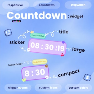 Op de afbeelding: Een digitale afbeelding met de tekst "Countdown: widget". De afbeelding toont twee countdown timers, één met "08:30:19" en de andere "8:30". Andere tekst omvat "sticker", "large", "compact", "trigger events" en "custom colors".
