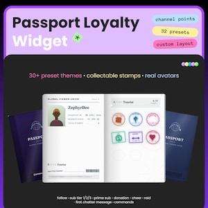 Puede incluir: Un widget digital de lealtad tipo pasaporte que muestra un folleto con un avatar de usuario, detalles de identificación y sellos coleccionables. El diseño incluye etiquetas para puntos de canal, 32 preajustes y más de 30 temas.