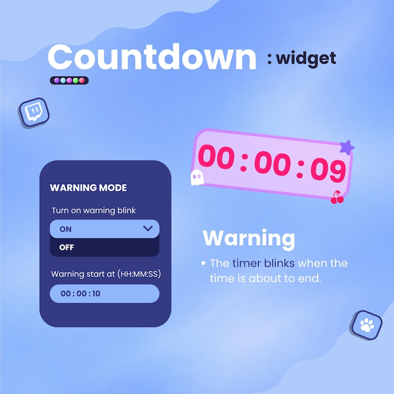 May include: A digital widget interface with the text "Countdown: widget". The interface includes a timer displaying "00:00:09" and a warning mode setting. The warning mode can be set to "ON" or "OFF".