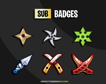 May include: A collection of six stylized ninja-themed sub badges. The badges include a gold shuriken, a silver shuriken, a green star-shaped weapon, a blue and white kunai, crossed knives, and crossed red weapons. The text "SUB BADGES" is at the top.