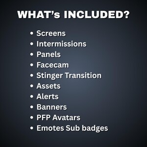 May include: A dark background with white text that reads "WHAT'S INCLUDED?" followed by a bulleted list. The list includes items such as Screens, Intermissions, Panels, Facecam, Stinger Transition, Assets, Alerts, Banners, PFP Avatars, and Emotes Sub badges.
