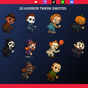 Peut inclure: Image numérique présentant 10 personnages d'horreur de dessins animés dans une pose de twerk. Les personnages incluent Freddy Krueger, Michael Myers, Chucky, une citrouille, Ghostface, une sorcière, Pennywise, un vampire, une sorcière zombie et Jason Voorhees.