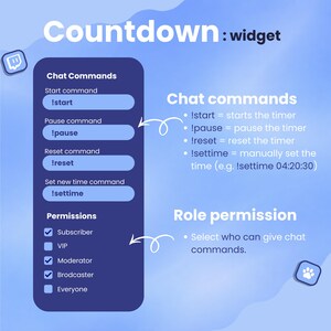 May include: A blue graphic with the text "Countdown: widget" and instructions for chat commands, including !start, !pause, !reset, and !settime. It also shows role permissions for subscribers, VIPs, moderators, broadcasters, and everyone.