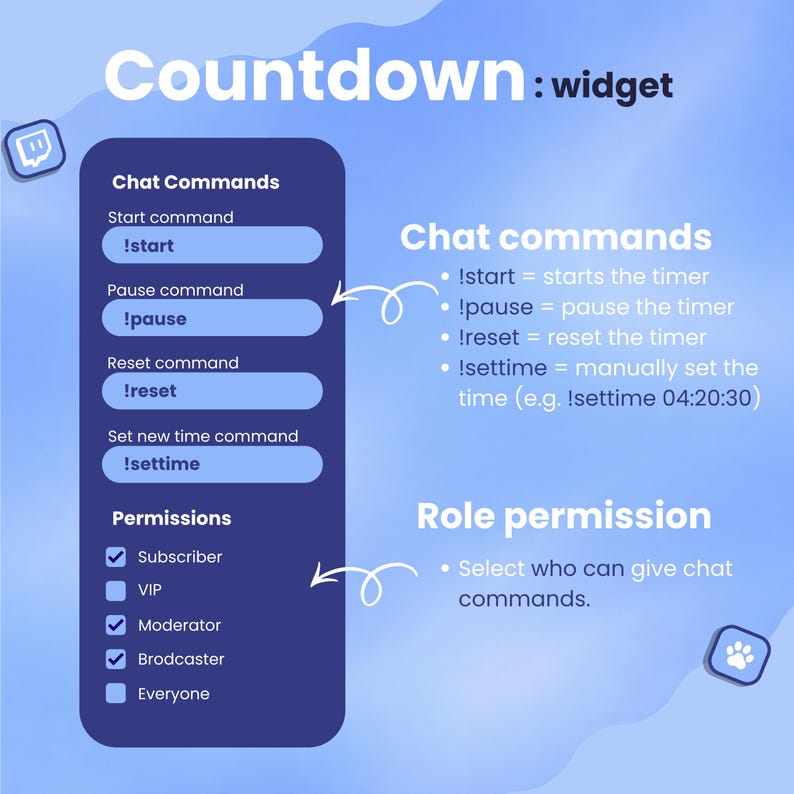 May include: A blue graphic with the text "Countdown: widget" and instructions for chat commands, including !start, !pause, !reset, and !settime. It also shows role permissions for subscribers, VIPs, moderators, broadcasters, and everyone.