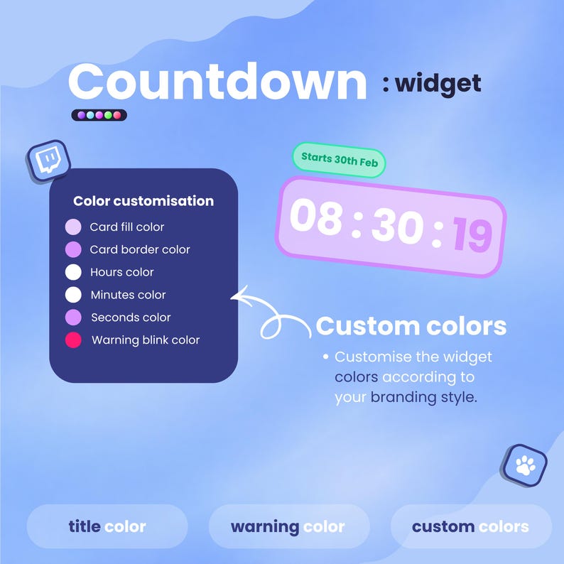 May include: A digital countdown widget graphic with a light blue background. The graphic includes a pink digital clock displaying 08:30:19, a color customization section, and the text "Countdown: widget".