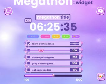 Megathon Subathon Widget for Streaming on Twitch | Streamelements OBS | Timer | Milestone Goals| Ko-fi events | Progress Bar | Upto 50 Goals