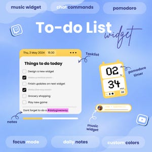 May include: A digital interface display featuring a yellow and white to-do list widget with checkboxes, a pomodoro timer with pixelated numbers, a music widget with a profile icon, and text labels including music widget, chat commands, and focus mode.