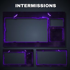 May include: A digital overlay design for streaming, featuring a dark background with neon purple frames and accents. The word "INTERMISSIONS" is displayed at the top. The design includes multiple rectangular and square frames for displaying content.