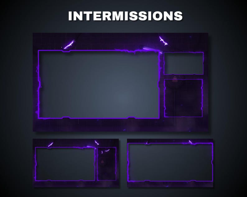 May include: A digital overlay design for streaming, featuring a dark background with neon purple frames and accents. The word "INTERMISSIONS" is displayed at the top. The design includes multiple rectangular and square frames for displaying content.