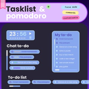 May include: A digital tasklist and pomodoro interface featuring a timer set to 23:56, a chat to-do section with user-specific tasks, and a main to-do list. The layout uses a purple and blue colour scheme with rounded buttons and text labels.
