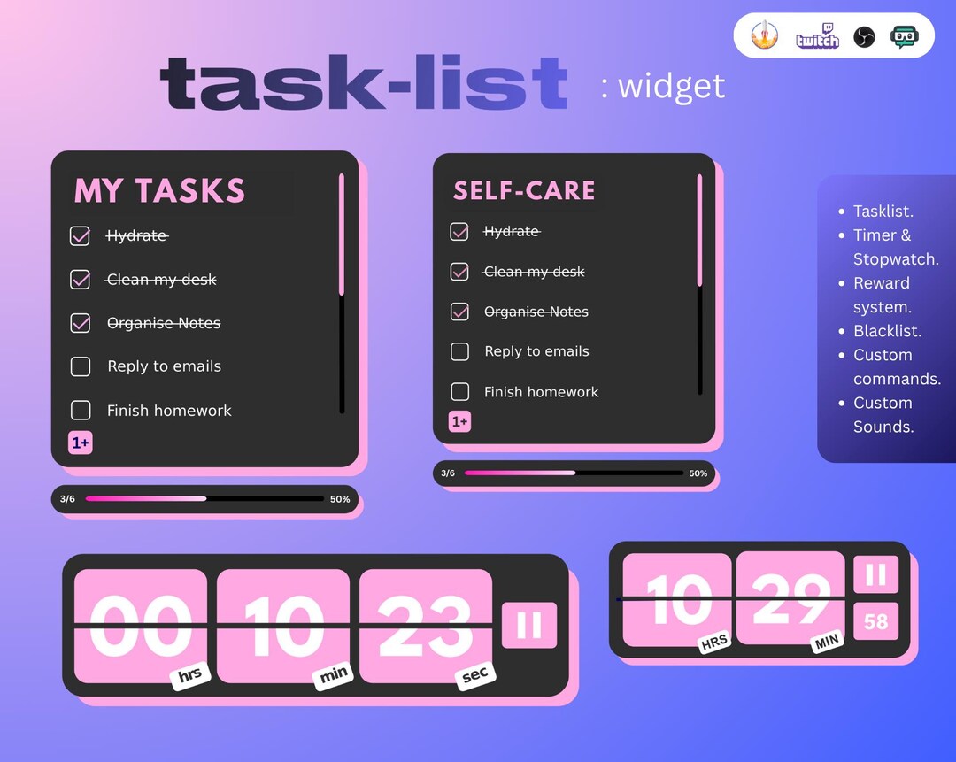 Pink and Black Tasklist Widget | Pomodoro Co-working Timer for ...