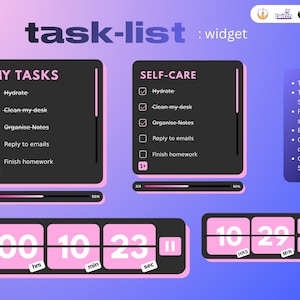 May include: A digital task list widget with a gradient purple background. The widget includes task lists, timers, and a stopwatch. The text "task-list : widget" is at the top. The widget also features a reward system, blacklist, custom commands, and custom sounds.