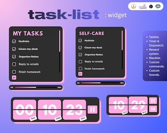 Pink and Black Tasklist Widget |  Pomodoro Co-working timer for streamers | Tasklist, Timer, Stop Watch | StreamElements widget | Subathon