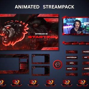 May include: Animated StreamPack design with a red and black color scheme. The design includes a snarling wolf graphic, a webcam frame, and social media buttons. Text includes "Stream is Starting".