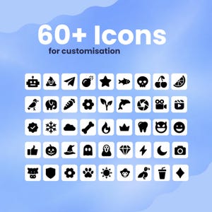 May include: A graphic featuring a collection of 60+ black icons for customization, including a robot, poop, paper airplane, star, fish, skull, cherries, and a slice of citrus fruit. The icons are arranged in a grid on a light blue background.