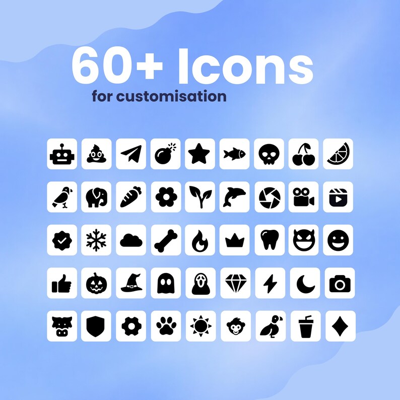May include: A graphic featuring a collection of 60+ black icons for customization, including a robot, poop, paper airplane, star, fish, skull, cherries, and a slice of citrus fruit. The icons are arranged in a grid on a light blue background.