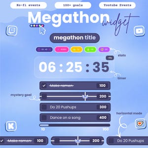 May include: A digital Megathon widget interface on a light blue background featuring a large timer displaying 06:25:35, stats bars, and goal trackers labeled Make ramen, Do 20 Pushups, and Dance on a song, with additional horizontal mode layout options.