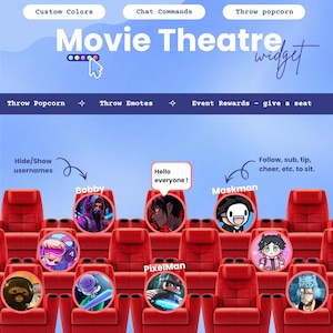 Peut inclure: Une interface numérique pour un widget Movie Theatre présentant des rangées de sièges de cinéma rouges. Des avatars circulaires de divers personnages sont placés sur les sièges. Le texte inclut Custom Colors, Chat Commands et Throw popcorn.