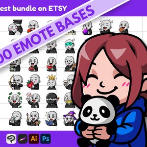 Puede incluir: Gráfico de arte digital que presenta a una chica de dibujos animados sonriente sosteniendo un oso panda. El fondo incluye un rectángulo blanco con varias ilustraciones de bases de emoticonos y el texto "400 EMOTE BASES" y "Biggest bundle on Etsy."