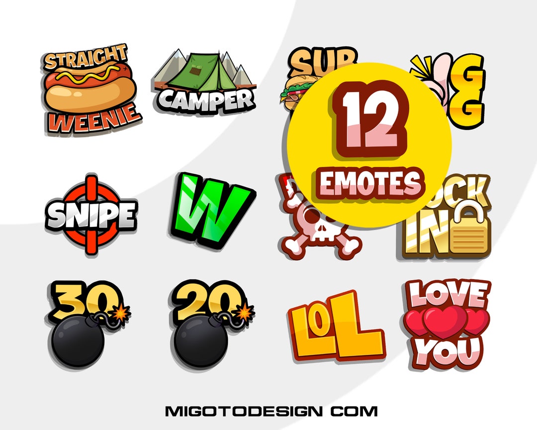 12 Twitch Emotes for Streaming on Twitch, Kick Streaming & Discord Sub Hype Emote Snipe Lock in