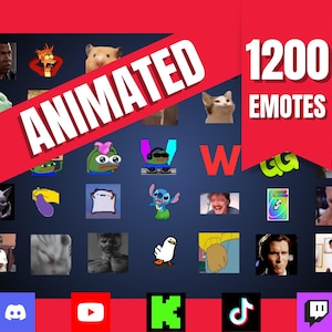 May include: A digital graphic featuring a collection of animated emotes, with the word "ANIMATED" in white text on a red banner. The number "1200" is displayed above the word "EMOTES" in white text. Various cartoon characters and meme faces are shown.