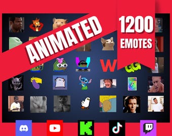 May include: A digital graphic featuring a collection of animated emotes, with the word "ANIMATED" in white text on a red banner. The number "1200" is displayed above the word "EMOTES" in white text. Various cartoon characters and meme faces are shown.
