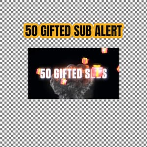 May include: A black background with a white text overlay that reads "50 GIFTED SUBS".  There are small, animated, red and yellow gift boxes falling from the top of the screen.  The text is surrounded by a large, grey, smoke-like cloud.