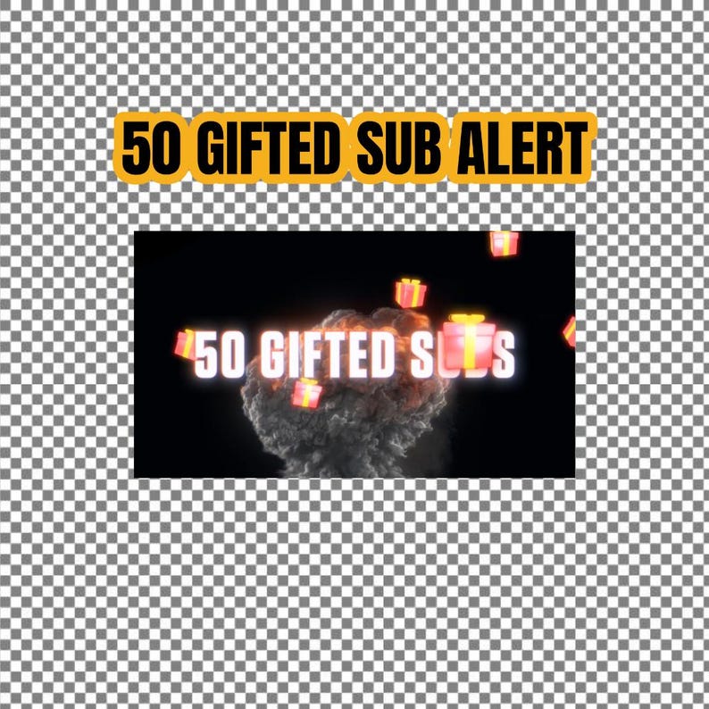 May include: A black background with a white text overlay that reads "50 GIFTED SUBS".  There are small, animated, red and yellow gift boxes falling from the top of the screen.  The text is surrounded by a large, grey, smoke-like cloud.