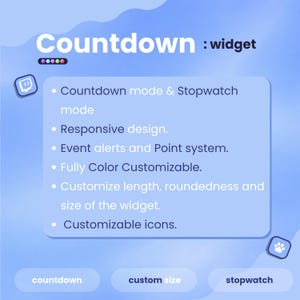 May include: A light blue graphic with the word "Countdown" in white text, along with a list of features including countdown and stopwatch modes, responsive design, and customizable icons. The word "widget" is also present.