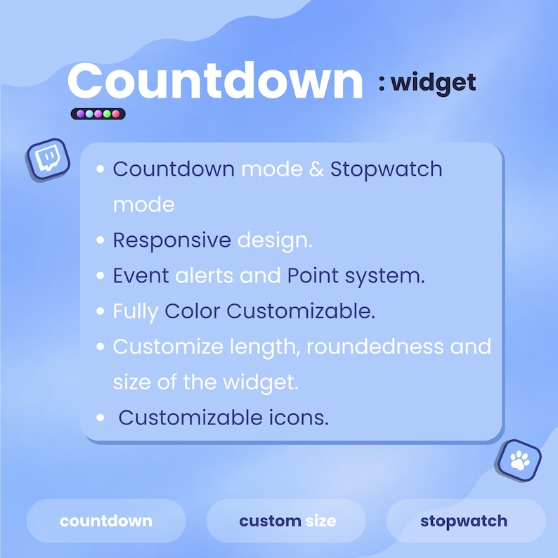 May include: A light blue graphic with the word "Countdown" in white text, along with a list of features including countdown and stopwatch modes, responsive design, and customizable icons. The word "widget" is also present.