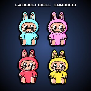May include: Four colorful Labubu doll badges. Each badge features a cartoon character in a bunny suit with a stitched mouth and large eyes. The badges are in blue, pink, red, and yellow, with the text "LABUBU DOLL BADGES" at the top.