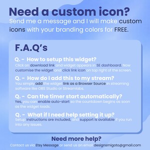May include: A digital graphic with the text "Need a custom icon?" and "F.A.Q's" on a blue gradient background. The graphic provides instructions on setting up a widget and offers custom icon design services.