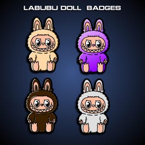 May include: Four Labubu doll badges in various colors: tan, purple, brown, and white. Each badge features a cartoon character with bunny ears, a toothy grin, and large eyes. The text "LABUBU DOLL BADGES" is at the top.